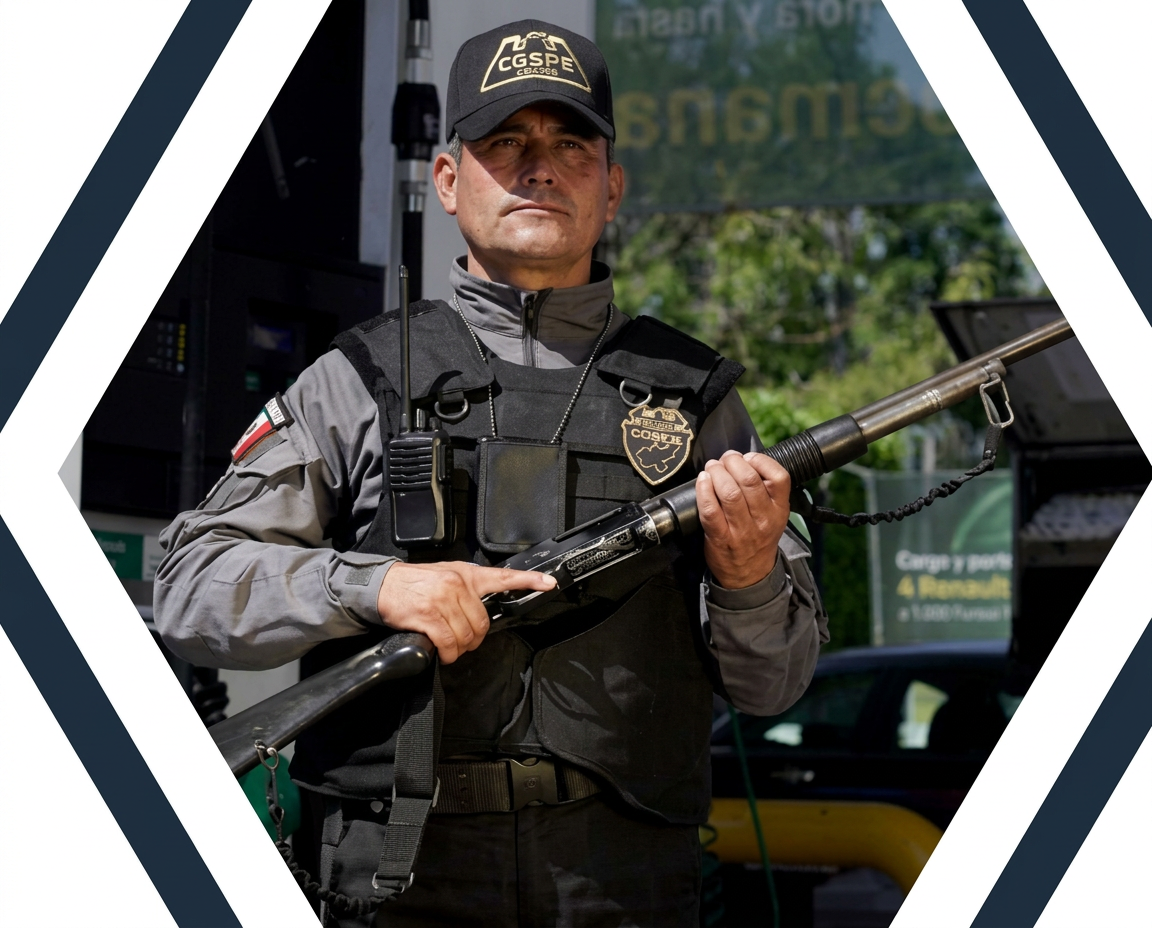 Guardia armado uniformado de la empresa en su puesto, con equipo táctico