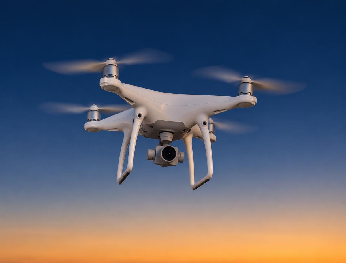 Dron de vigilancia volando al atardecer en un cielo azul oscuro
